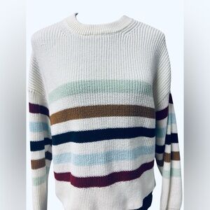 ADYSON PARKER MULTICOLORED STRIPE SHOULDER BUTTON ACCENT CREWNECK SWEATE…